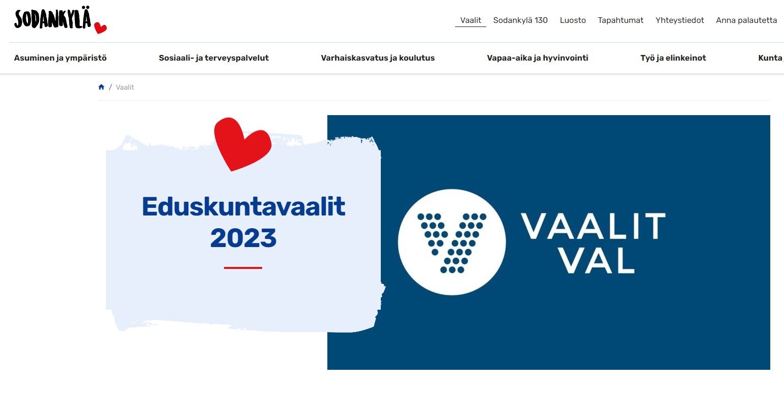 Kuvakaappaus kunnan nettisivujen Vaalit-osion etusivusta