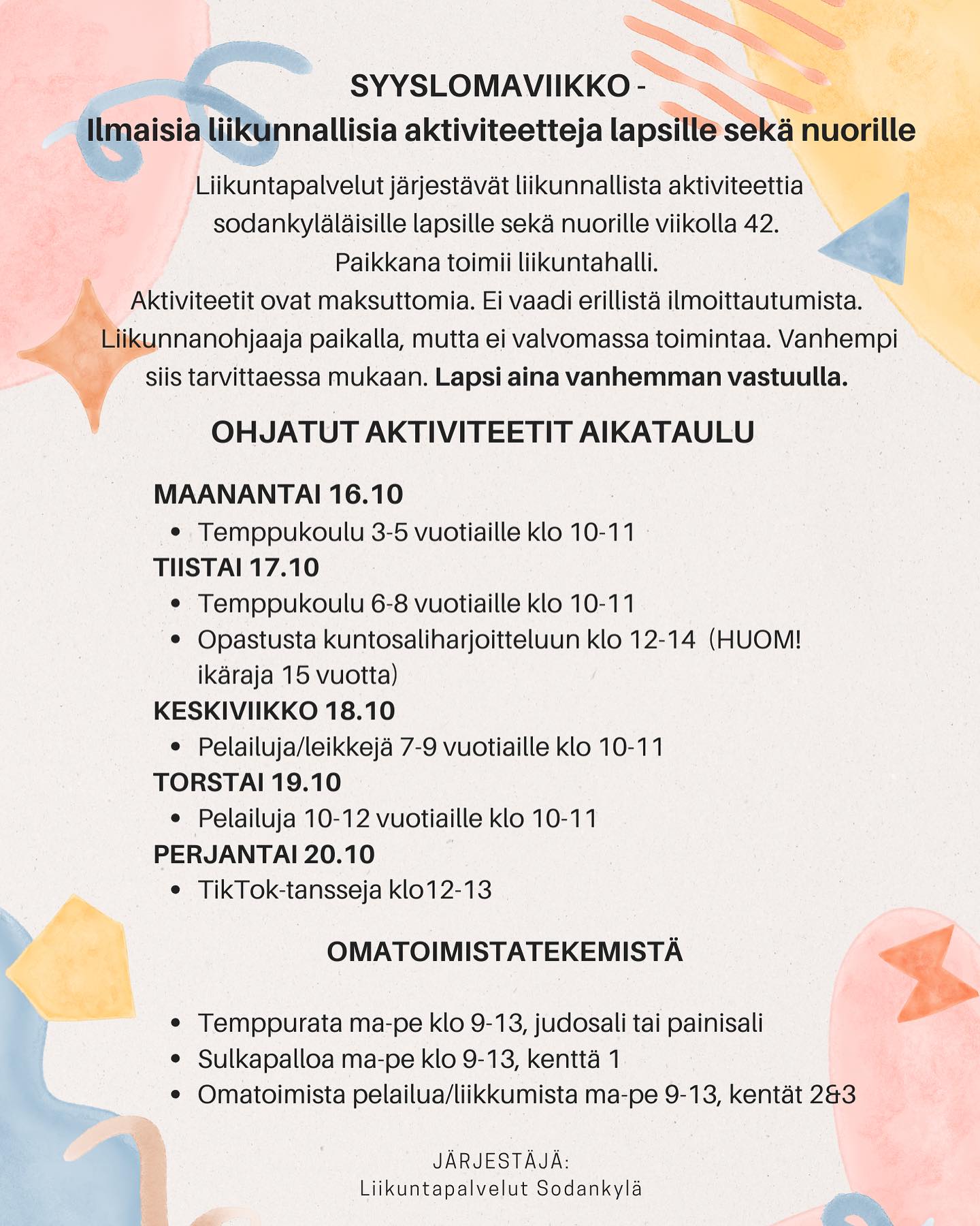 Liikuntapalvelut syyslomaviikko 2023