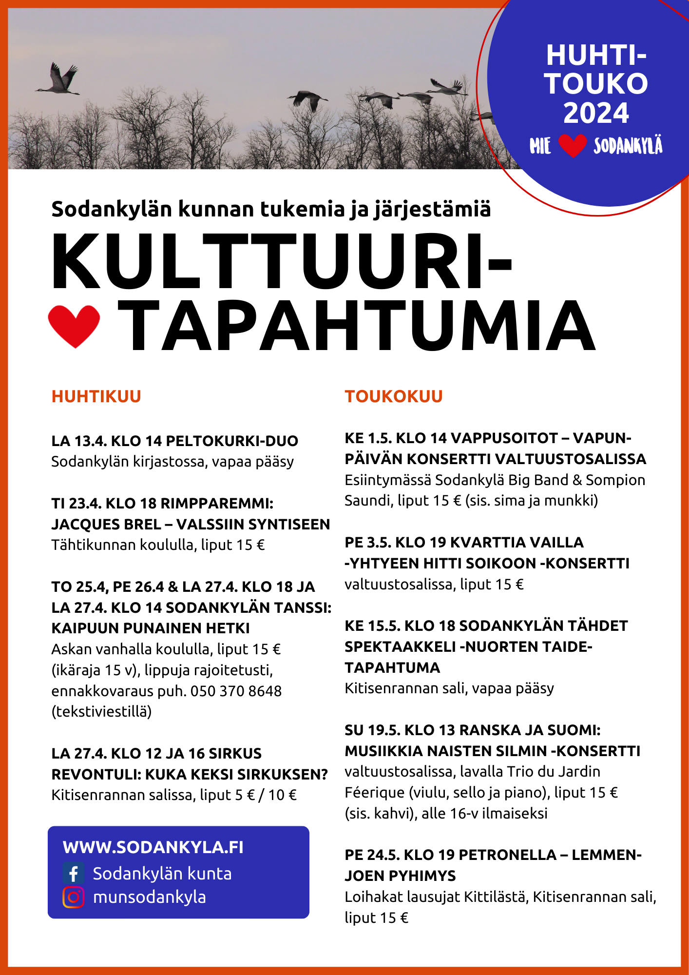 Kulttuuritapahtumia huhti-toukokuu-PÄIVITETTY huhti-toukokuun kulttuuritapahtumakalenteri