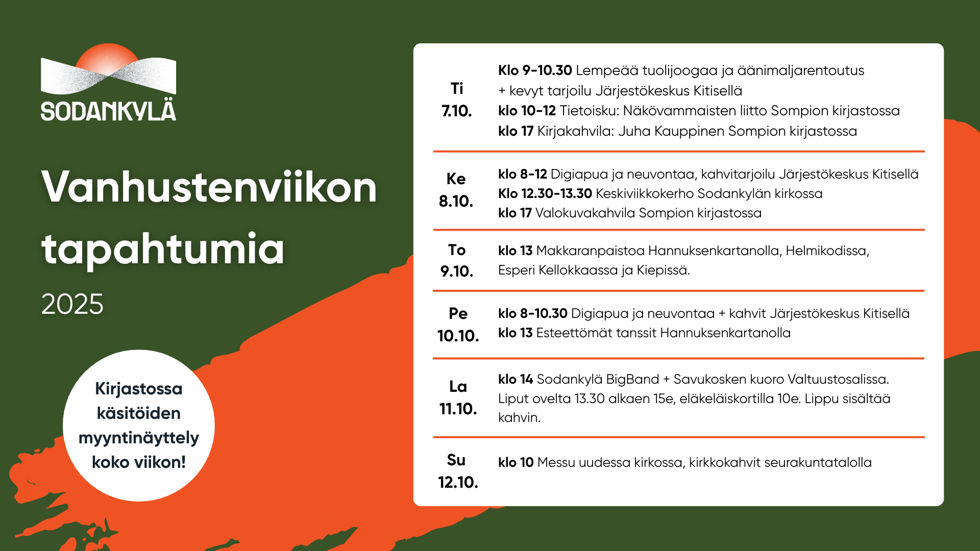 Vanhustenviikon tapahtumia. Tapahtumien tiedot ajankohtaisartikkelissa.
