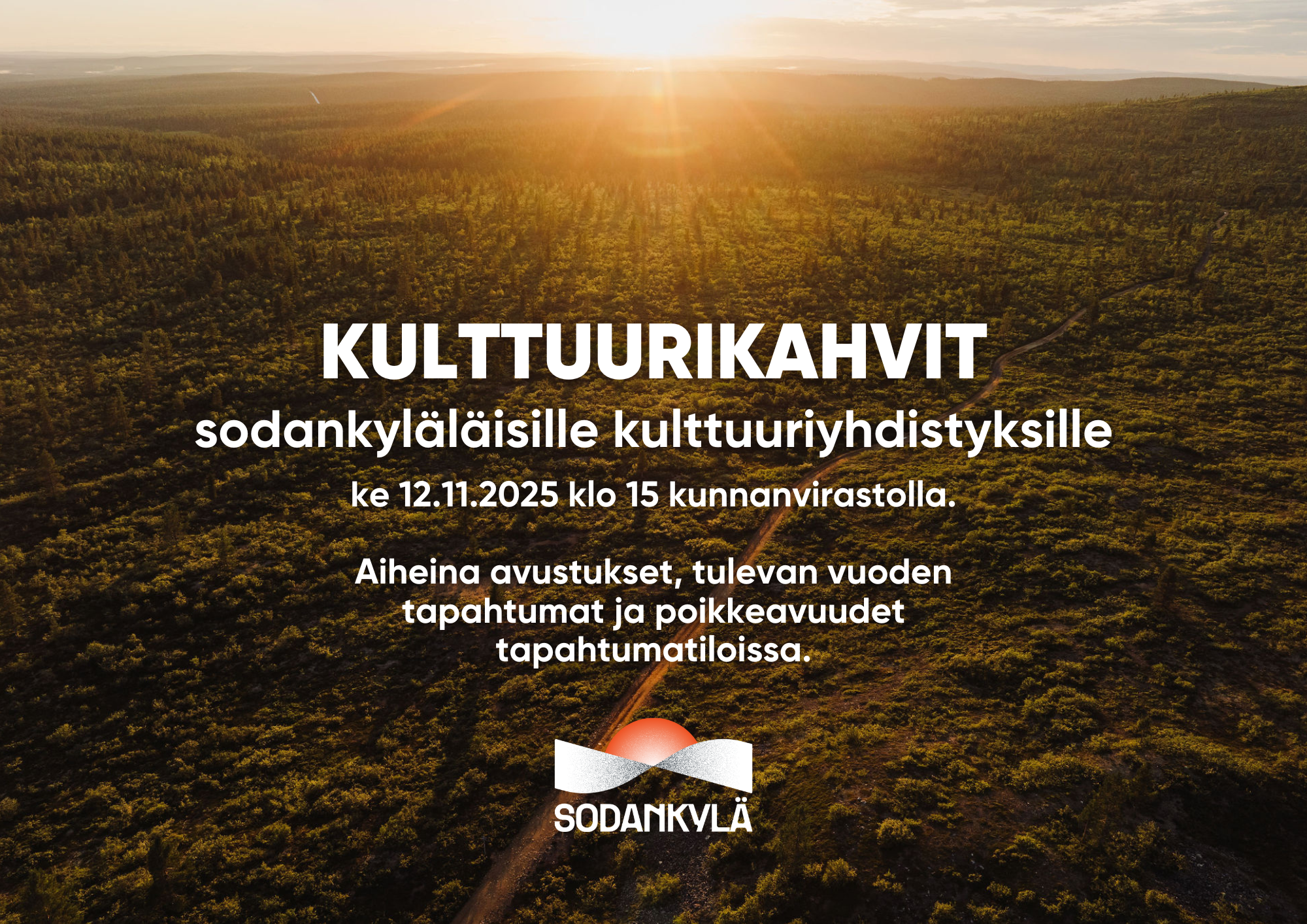 Ilmakuva tunturien ja jängän yli kohti keskiyön aurinkoa.