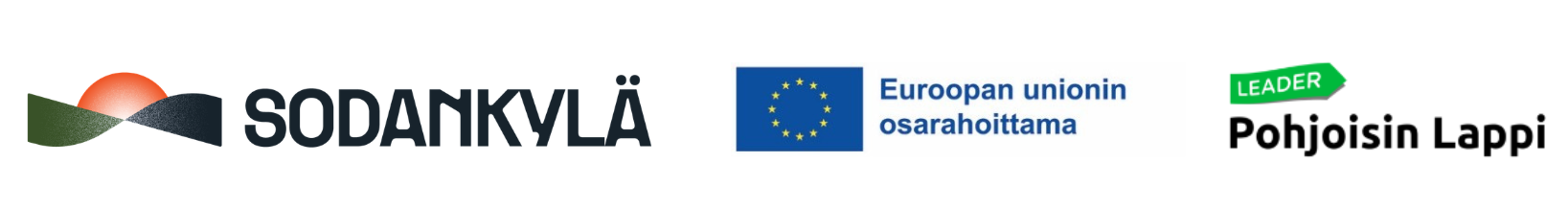 Rivissä valkoisella taustalla Sodankylän kunnan logo, EU:n osarahoittama -logo ja Leader Pohjoisin Lappi -logo.